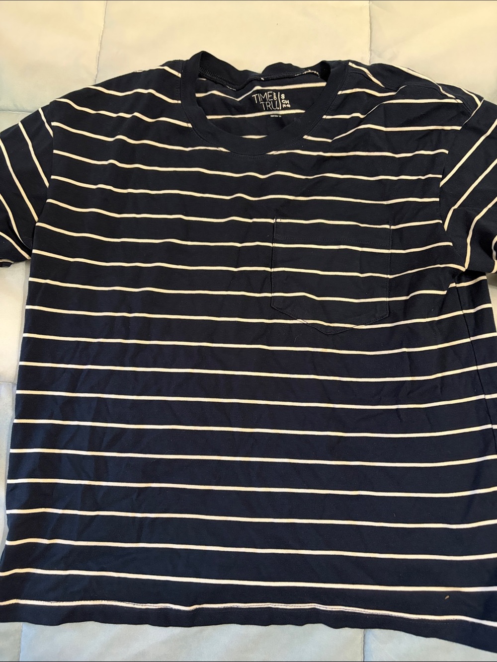 Time and Tru Navy and White Stripe Short Sleeve Tee